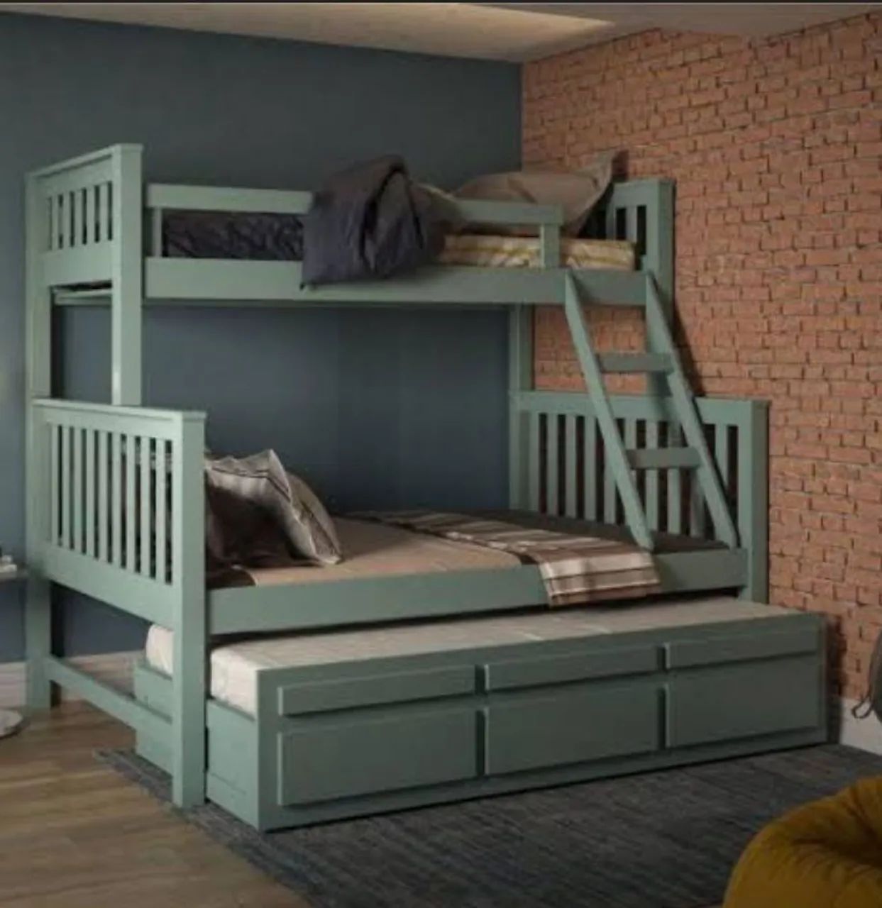 Solid Wood Bunk Bed with Double Bed