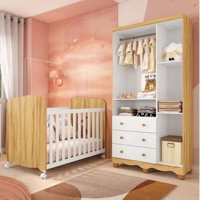 Roupeiro Infantil Junior 3 Portas + Berço Americano Uli, 100% MDF - Peroba  - Foto 3
