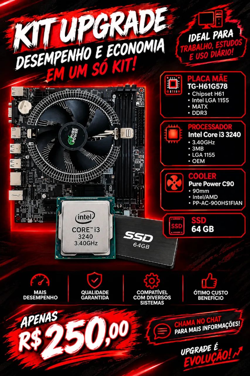 Placa-mãe H61 + Processador + Cooler + SSD