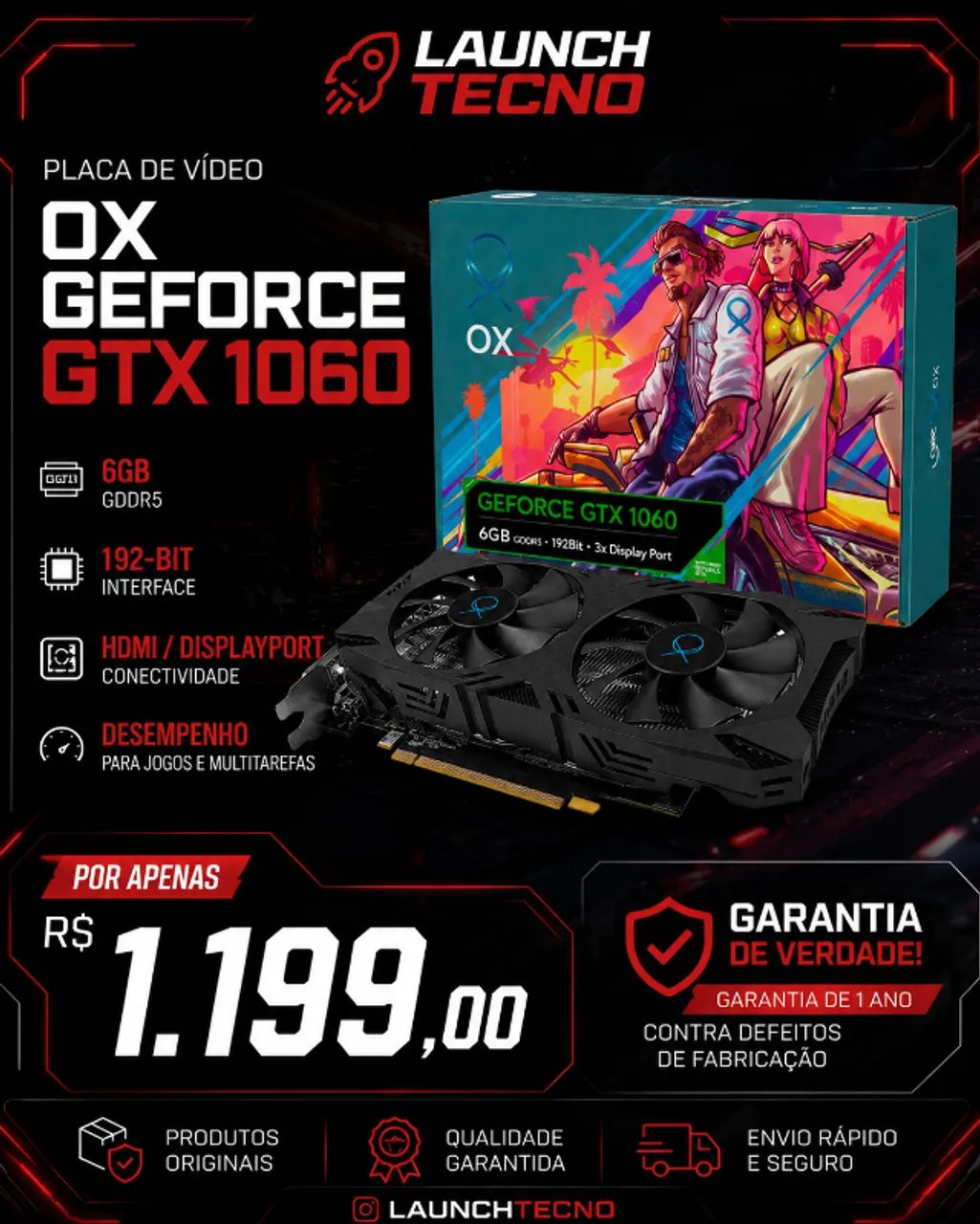 Placa de Vídeo NVIDIA GeForce GTX 1060 NOVO