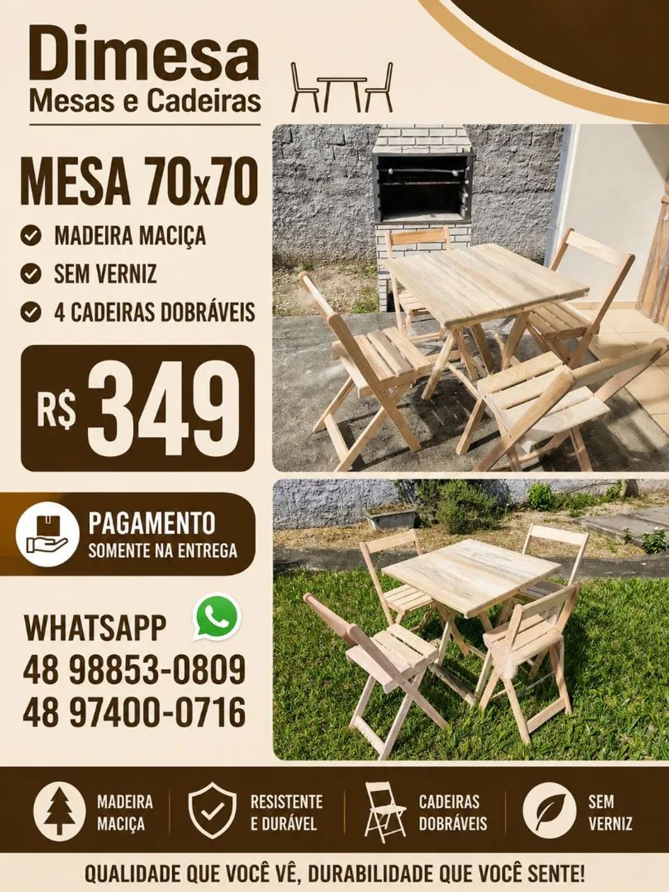 Kit 70x70 madeira maciça natural 4 cadeiras - Foto 2