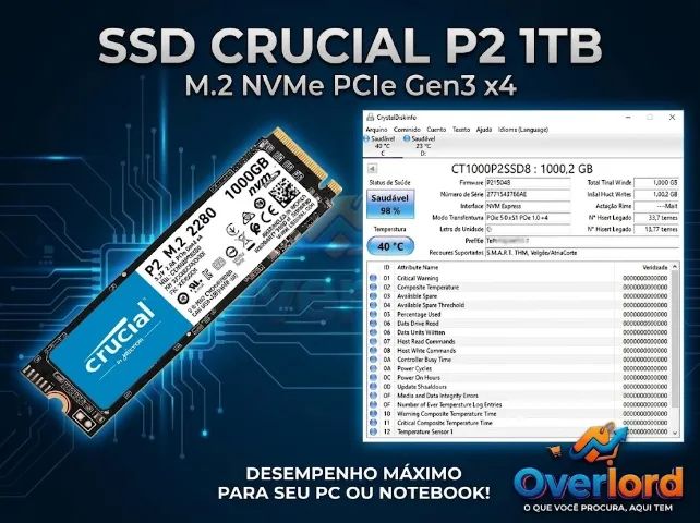 SSD 1TB Crucial P2, M.2 2280 Nvme, Leitura 2400 Mb/s E Gravação