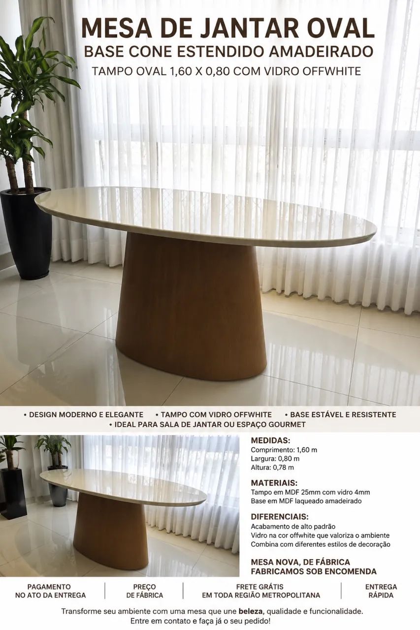 Mesa de Jantar Oval Moderna 1,60 x 0,80 com Vidro Off White - Foto 2