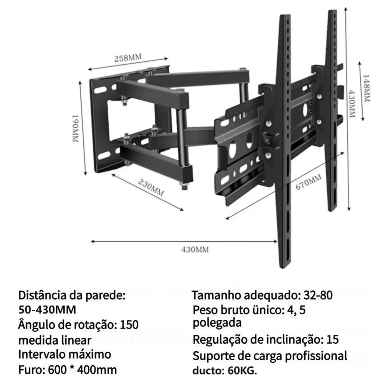 Suporte Articulado Tv Led 26 A 80 Polegadas - Aquário Preto