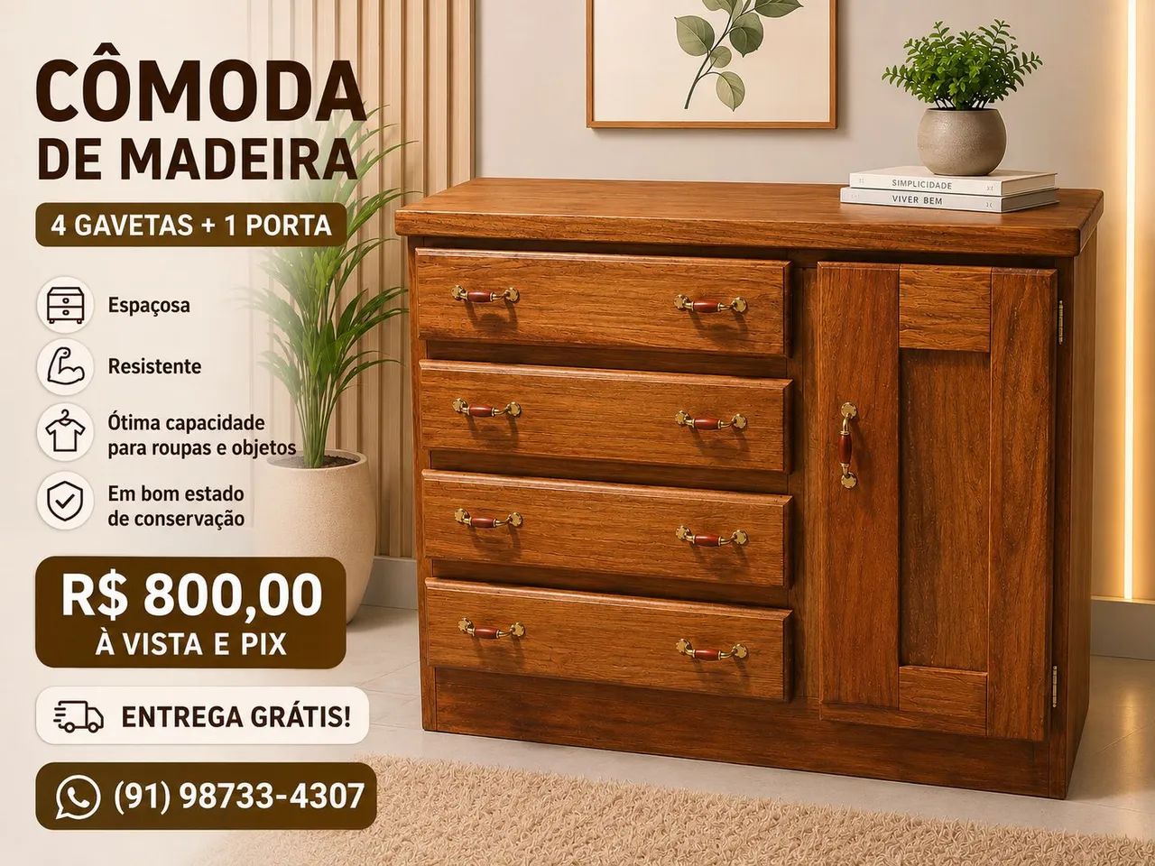 CÔMODA SAPATEIRA EM MADEIRA MACIÇA 