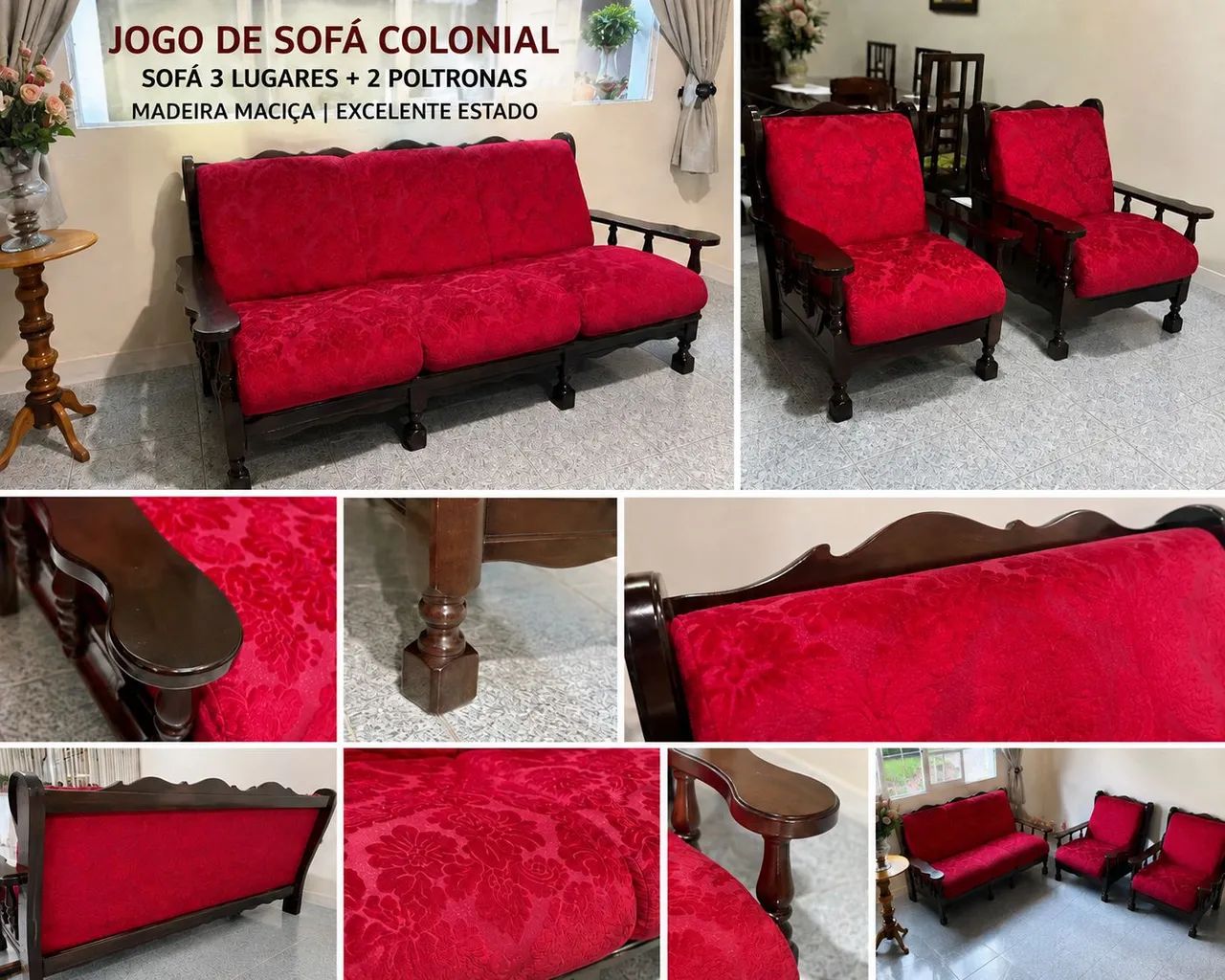 Jogo de Sofá Colonial em Madeira Maciça - Sofá 3 Lugares + 2 Poltronas - Excelente Estado