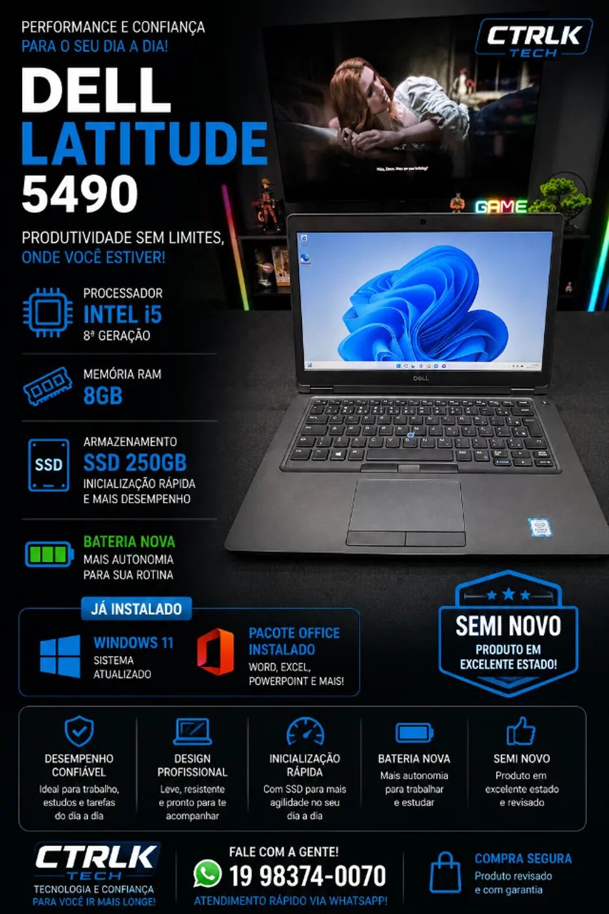 Notebook Dell Latitude 5490 i5 8° / 8GB RAM / SSD 250GB / Placa Dedicada