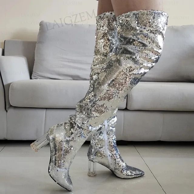 Bota Over The Knee Lantejoulas Prata TAM 37 - Foto 3