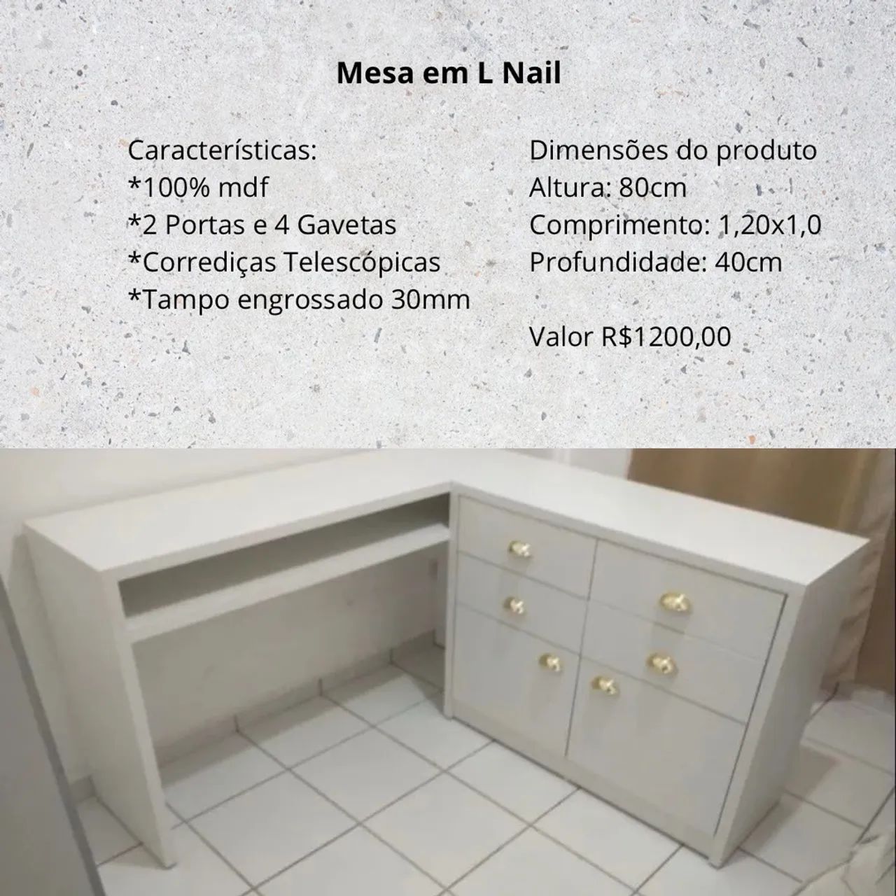 Mesa em L Nail - MDF com 2 Portas e 4 Gavetas