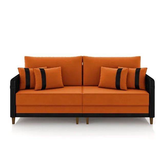 Sofá elegante na cor laranja com detalhes em preto, ideal para sua sala. Design moderno e 