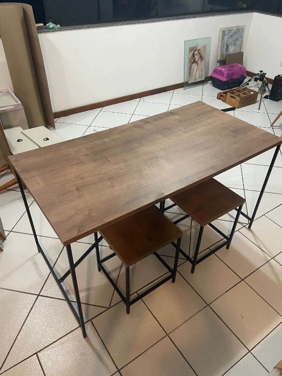 Conjunto mesa de jantar + 4 banquetas baixas steel quadra mdp vermont base aço preto fosco - Foto 3