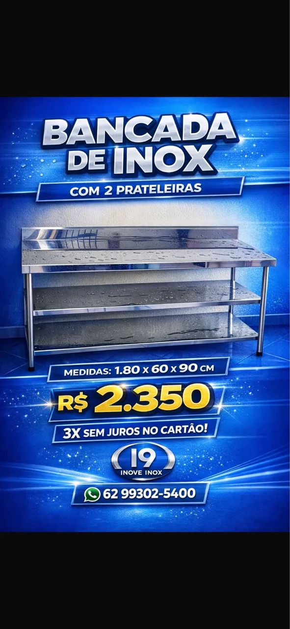 Bancada de Inox 1,80 m com 2 Prateleiras - Nova