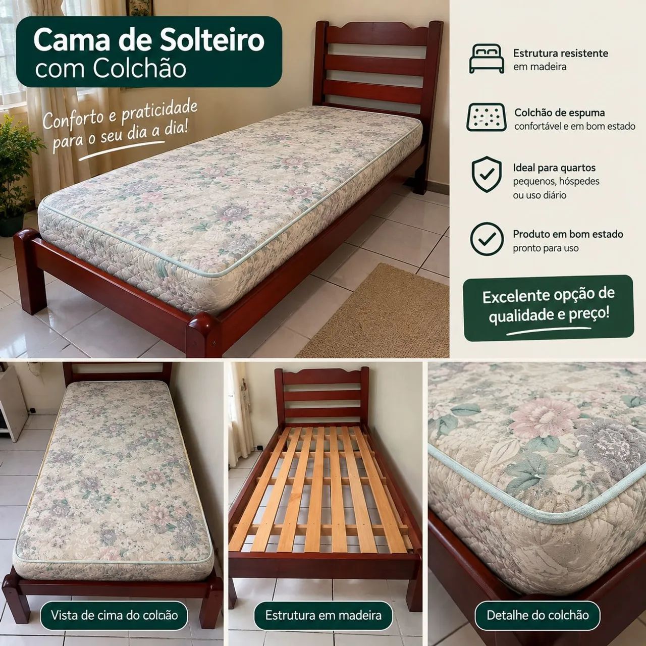Cama de Solteiro + Colchão Florença D33 - Madeira - Foto 2
