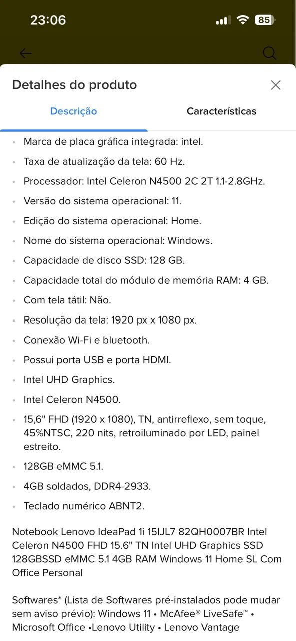 Notebook lenovo ideapad 1i 4gb ram 128gb seminovo - Foto 3