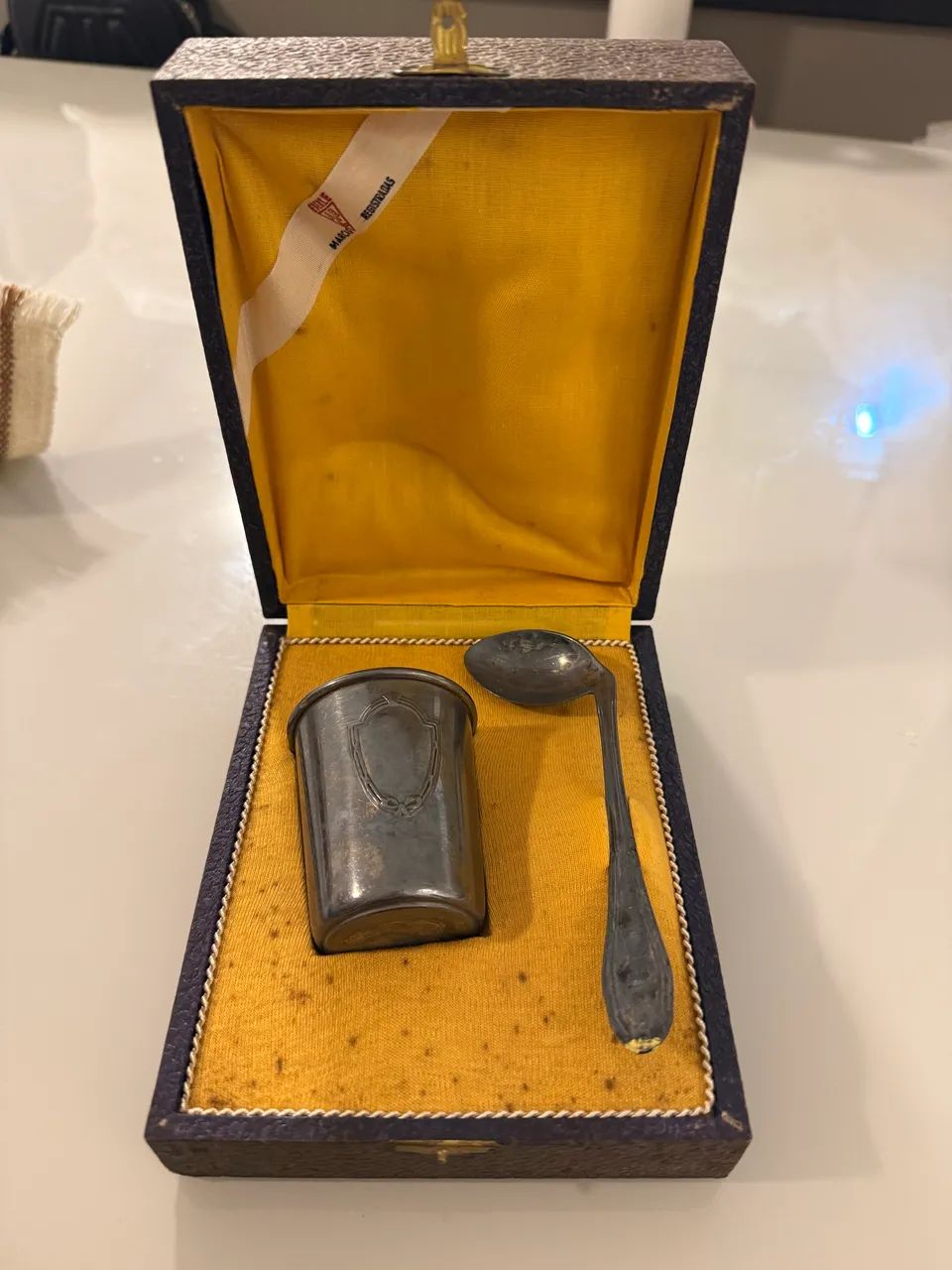Antigo Conjunto de Batizado Eberle - Copo e Colher no Estojo Original de Época - Foto 2