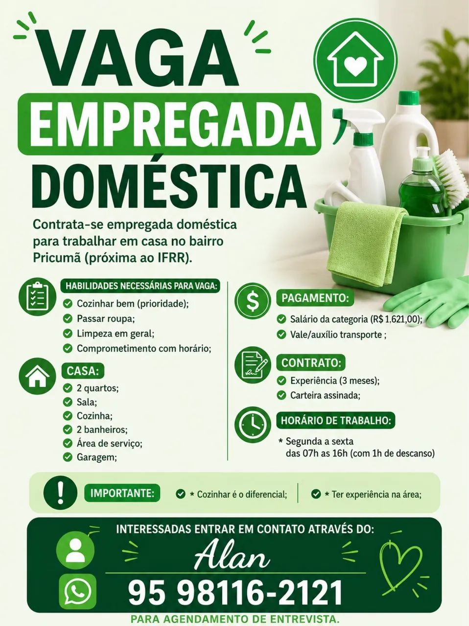 Vaga para doméstica - Pricumã  