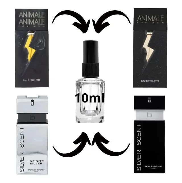kit 4 decants 10ml cada animale for men, animale animale, infinity silver, silver scent  
