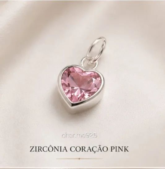 Pingente de Prata 925 Coração Zircônia  Pink 