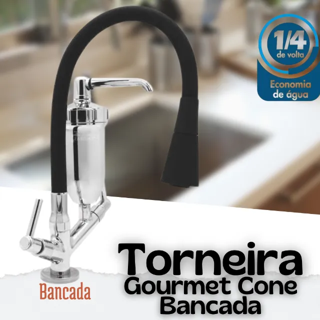 Torneira Cone Bica Móvel Mesa Gourmet Preta 2 Jatos Com Filtro_CS304