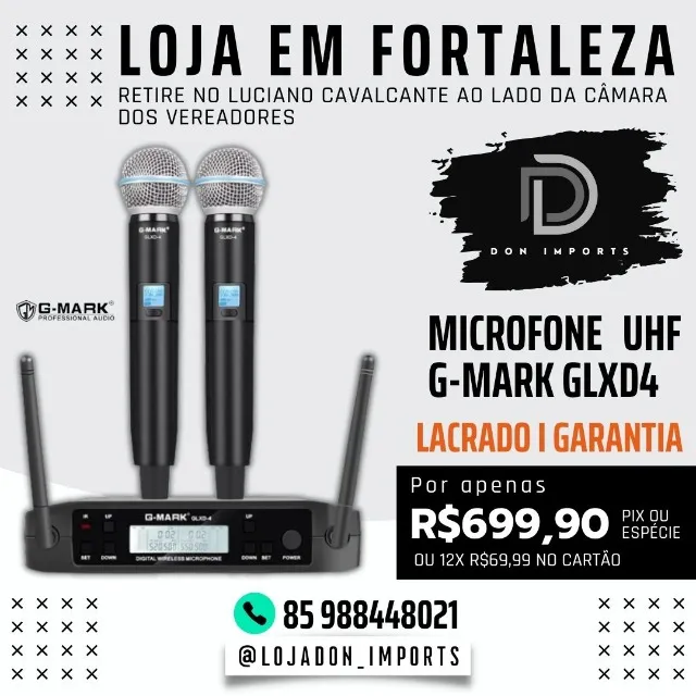 Altíssima Qualidade Microfone Gmark GLXD4 duplo sem fio UHF até 80 metros