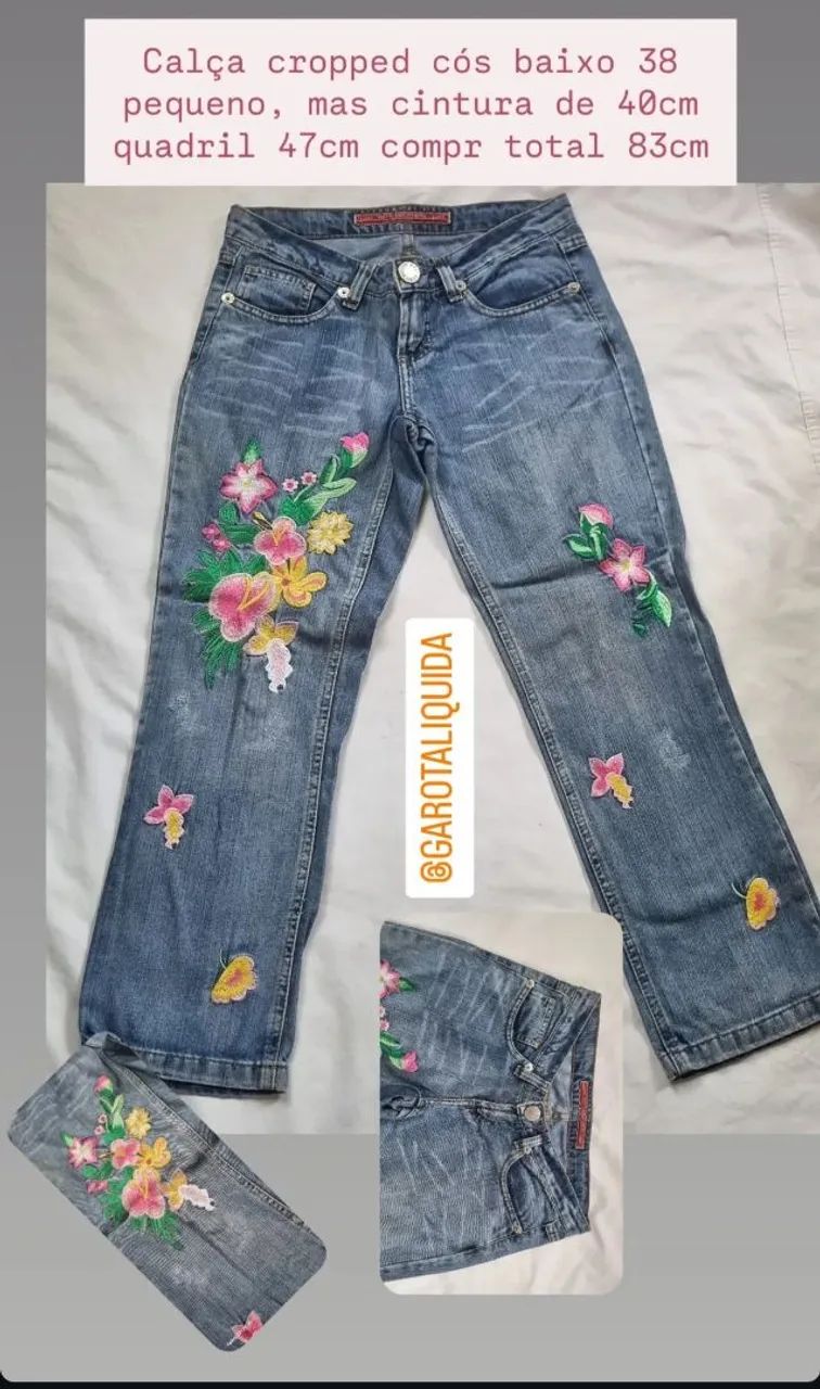Calça jeans cropped 38 bordada linda