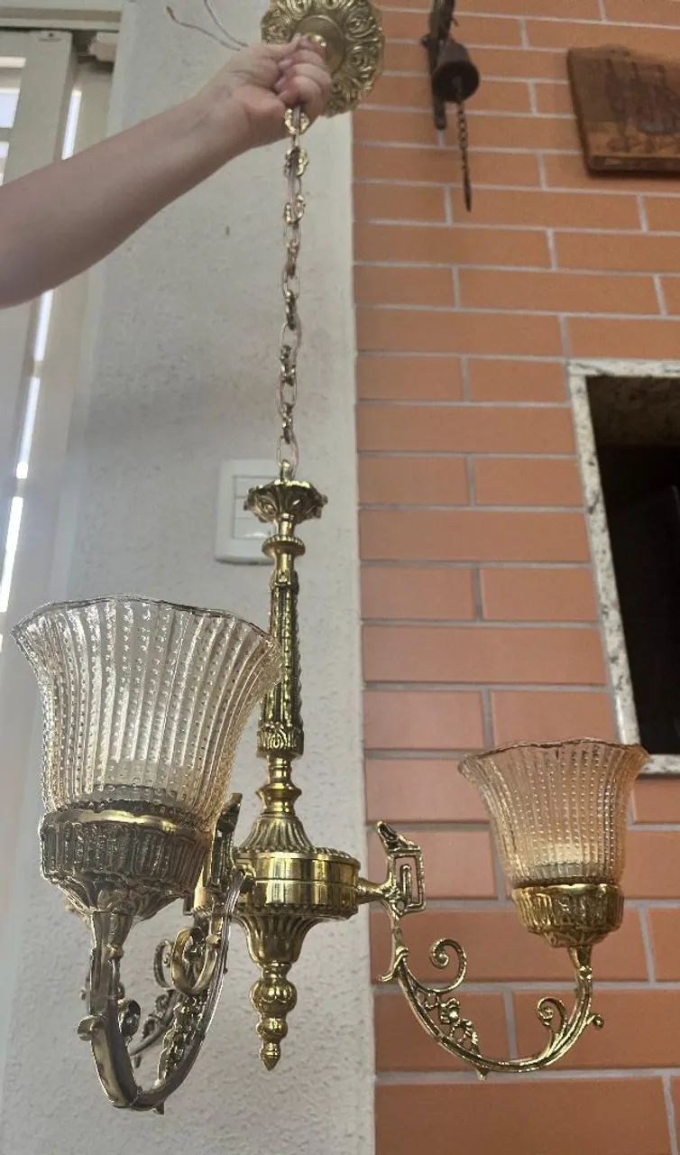 Lustre antigo em bronze maciço para três lâmpadas com tulipas âmbar - Foto 5