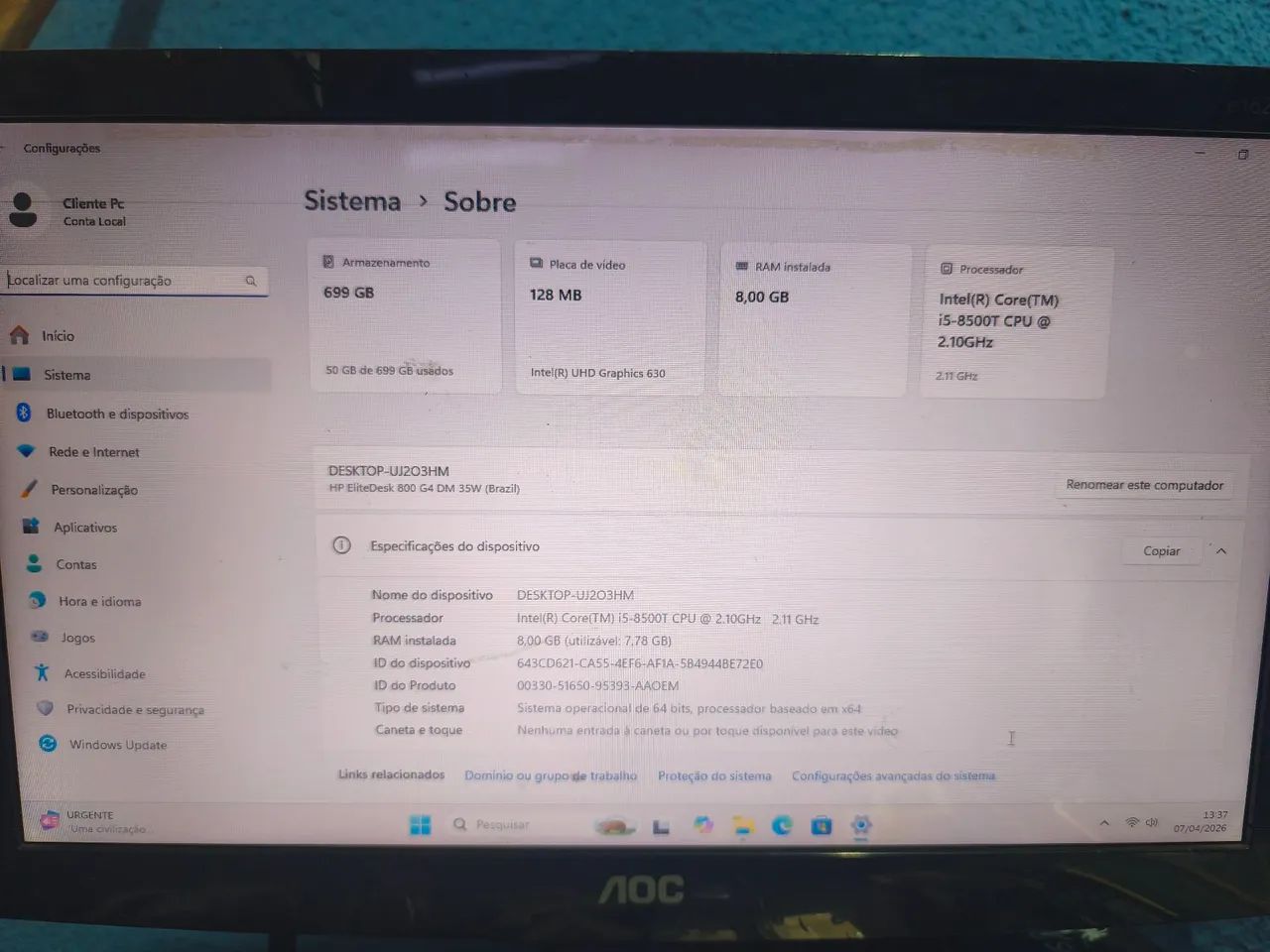 Mini Pc HP Elitedesk i5 8° Geração 