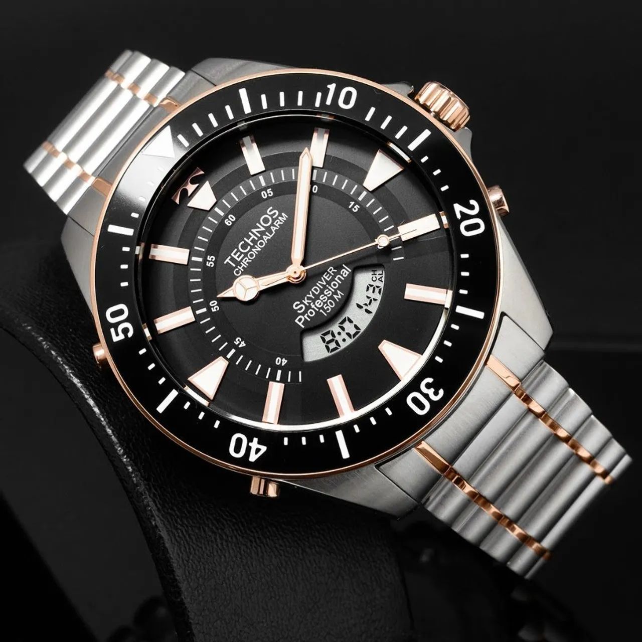 Relógio Technos Skydiver Masculino 50mm Aço Anadigi 150m Bicolor