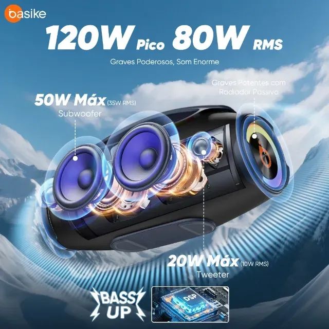 Caixa de Som Bluetooth Basike 80W com RGB e Proteção IPX6 (novo na caixa) - Foto 3