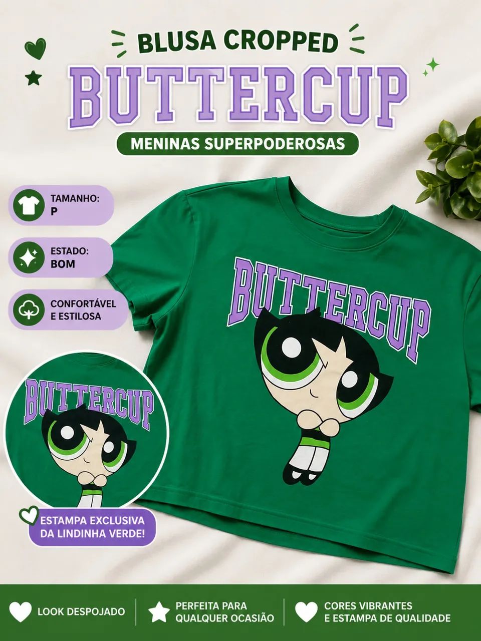 camiseta cropped estampada das Meninas Superpoderosas (Buttercup/Docinho Verde)