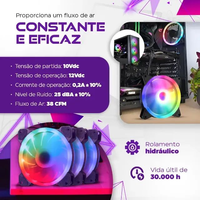 Kit 3 Fans Cooler Led Rgb 120mm Ventoinha Gabinete Pc Gamer