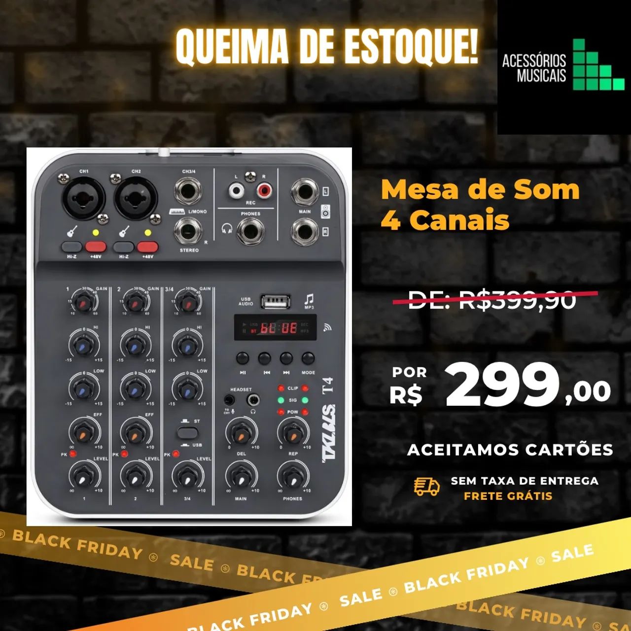 Mesa de Som 4 Canais Com Bluetooth e Pen Drive, Com Efeitos na Voz