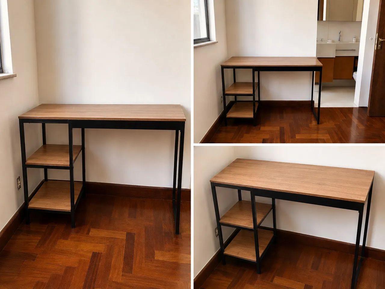 Escrivaninha estilo industrial em madeira e metal com 2 prateleiras