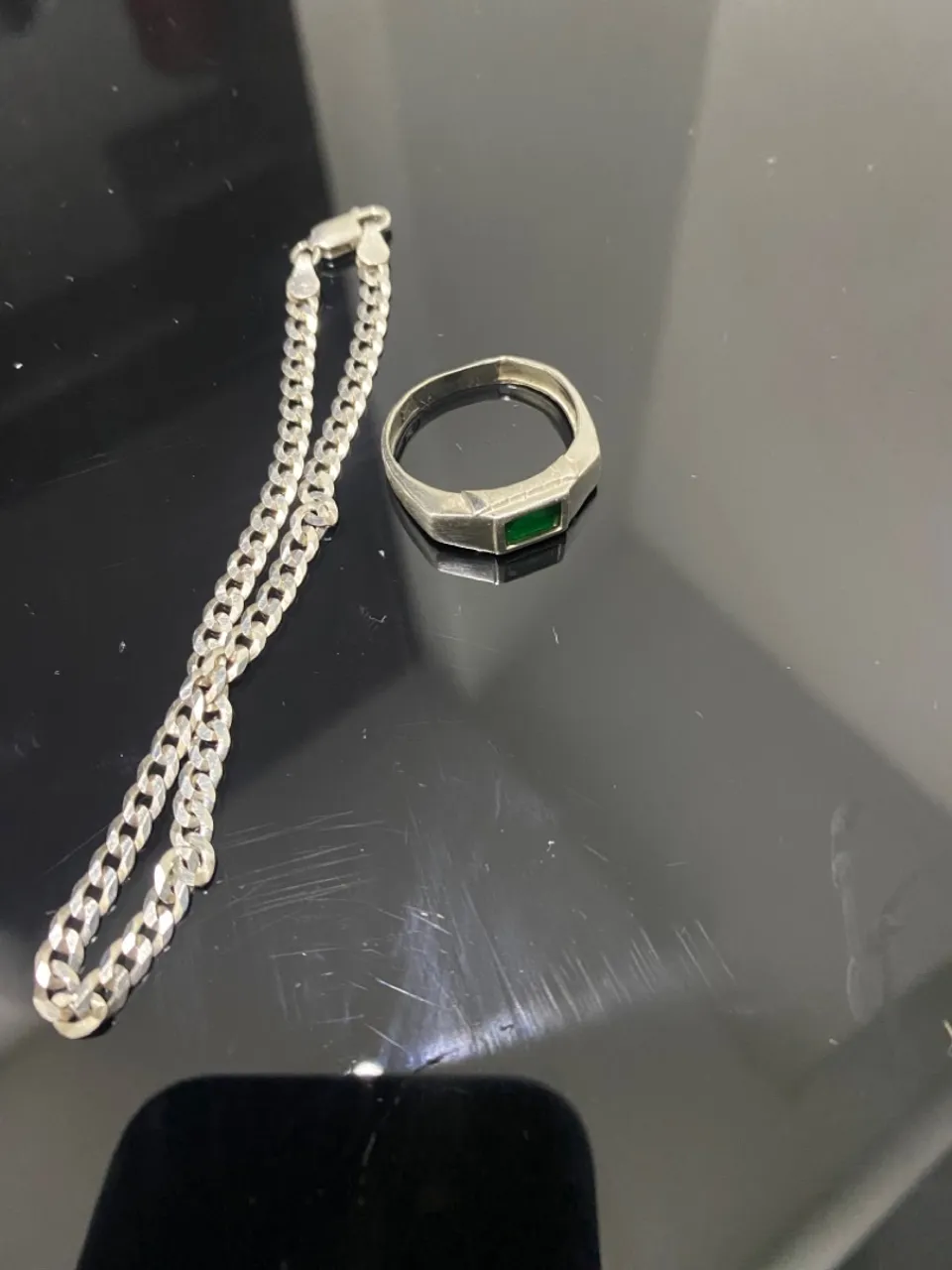 Conjunto de Prata: Corrente e Anel com Pedra Verde