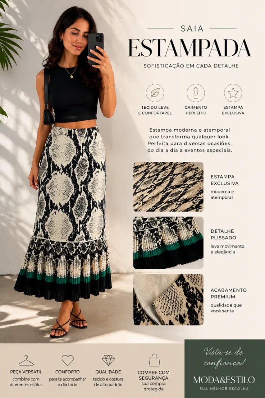 Saia Midi Estampa Cobra Animal Print Com Barra Plissada
