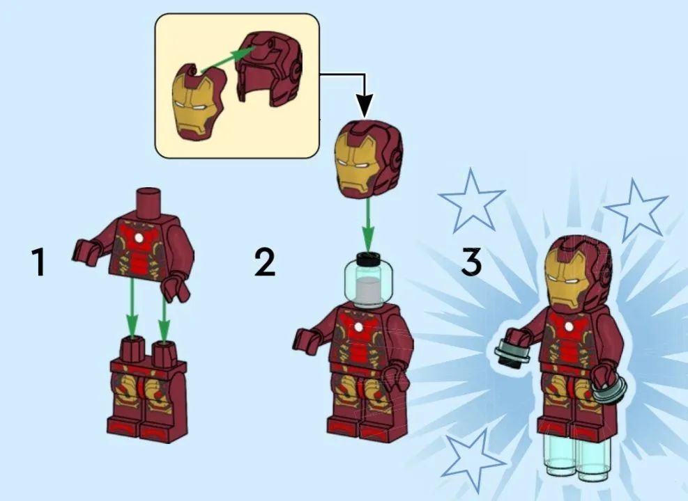 Lego Marvel Minifigure Pepper Potts + Iron Man Mark 43 Blue Head  - Foto 3