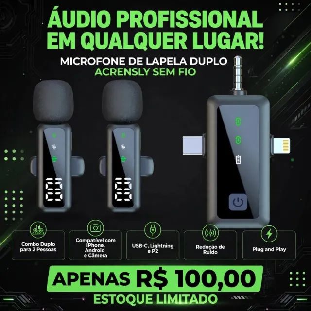Microfone de Lapela Duplo Sem Fio para iPhone e Android Combo Para 2 Pessoas USB-C