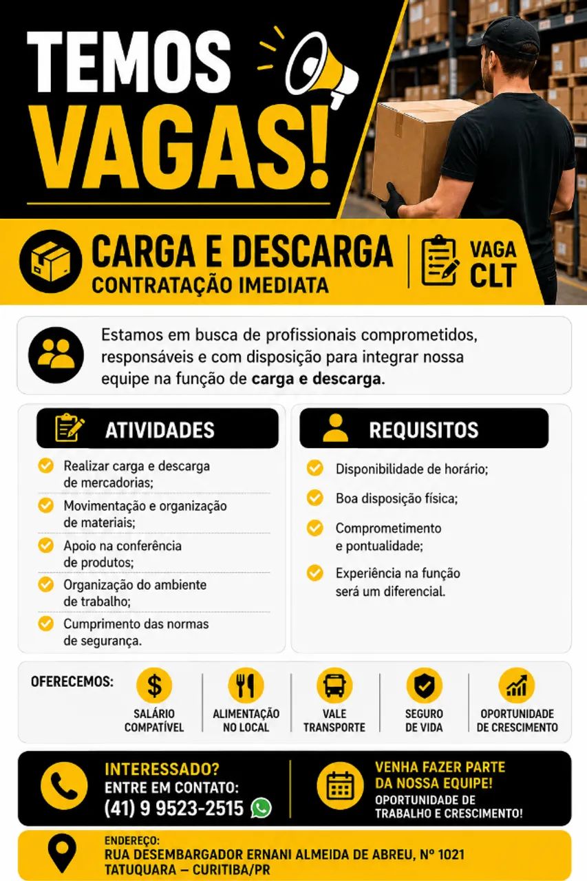 TEMOS VAGAS PARA MOVIMENTADOR DE CARGA E DESCARGA - CLT