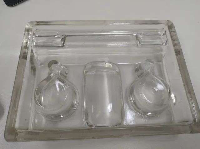 Antigo tinteiro ingles mesa porta lápis caneta vidro grosso - Foto 2