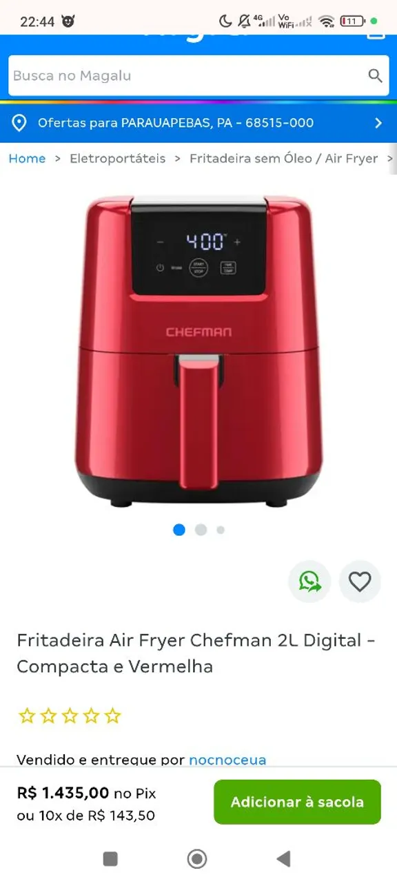Fritadeira Air Fryer Chefman 2L Digital - Compacta e Vermelha