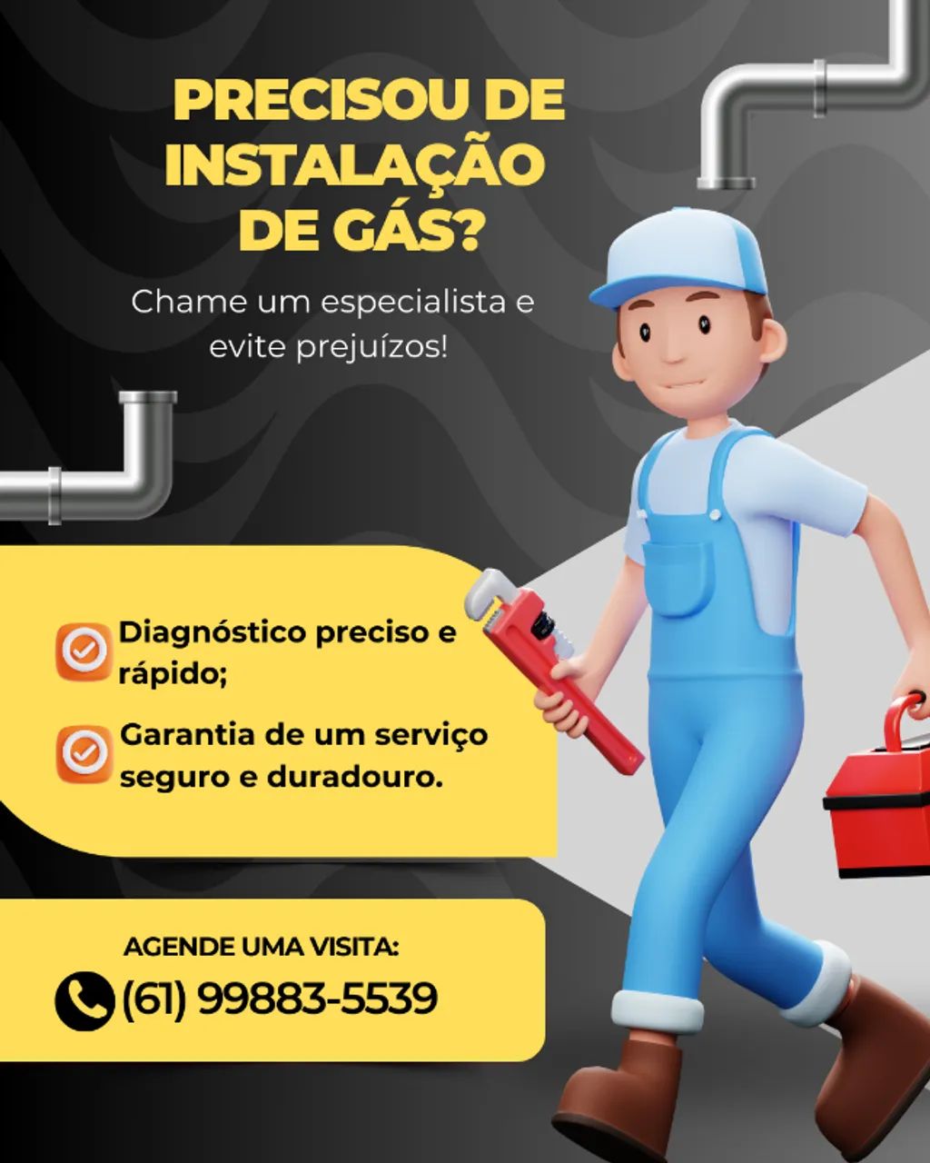 Instalação de tubulações, conexões, medidores de gás e outros equipamentos. 