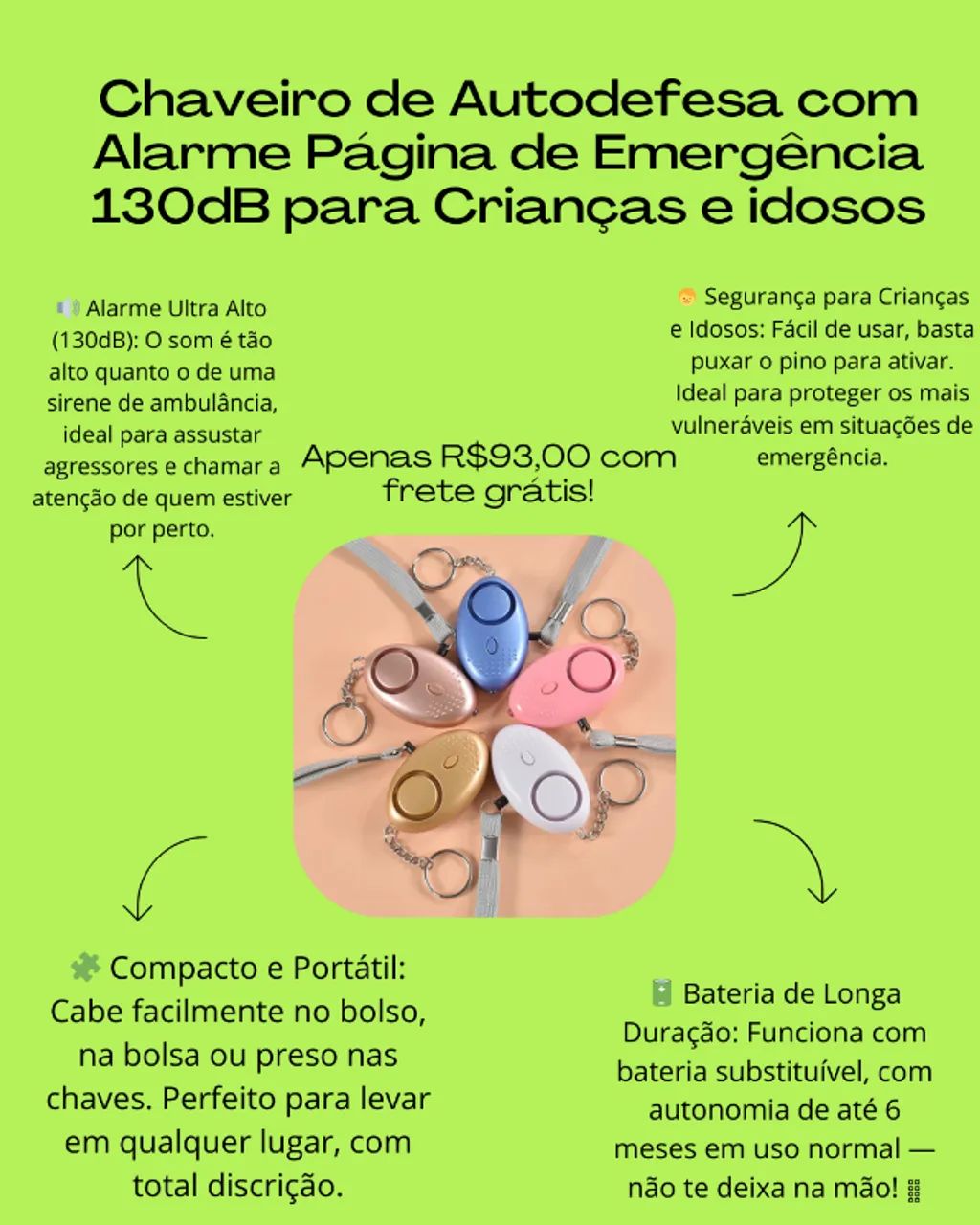 Chaveiro de Autodefesa com Alarme Página de Emergência 130dB para Crianças