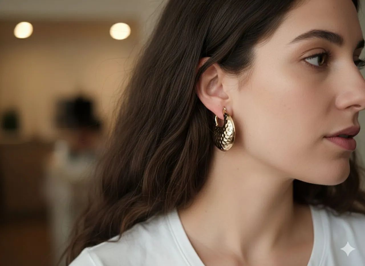 Brinco de argola click abaulado texturizado folheado em ouro 18k  - Foto 3