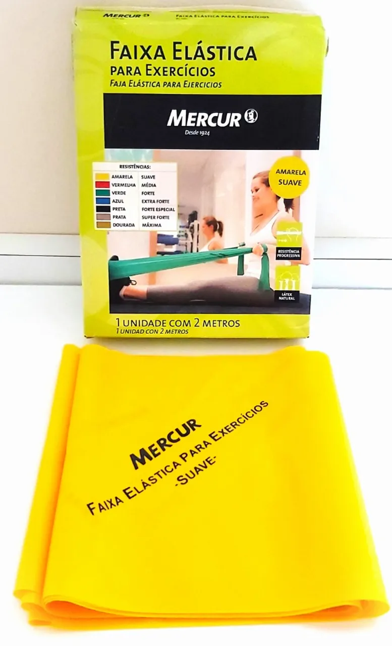 Faixa Elástica Mercur para exercícios. Dois metros, cor amarela suave. Nova.