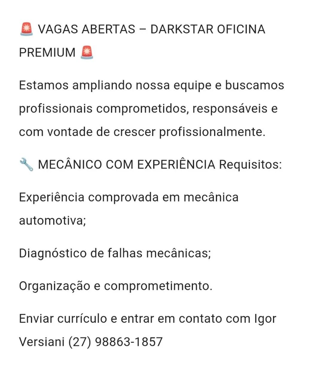 Oficina Mecânica contrata: 