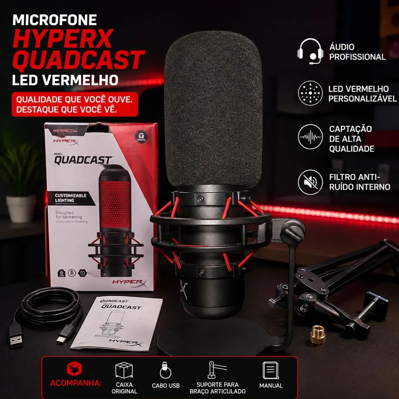 Microfone Hyperx Quadcast + Espuma