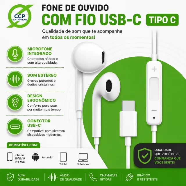 Fone de Ouvido com Fio USB-C Tipo C, Microfone Integrado, Estéreo