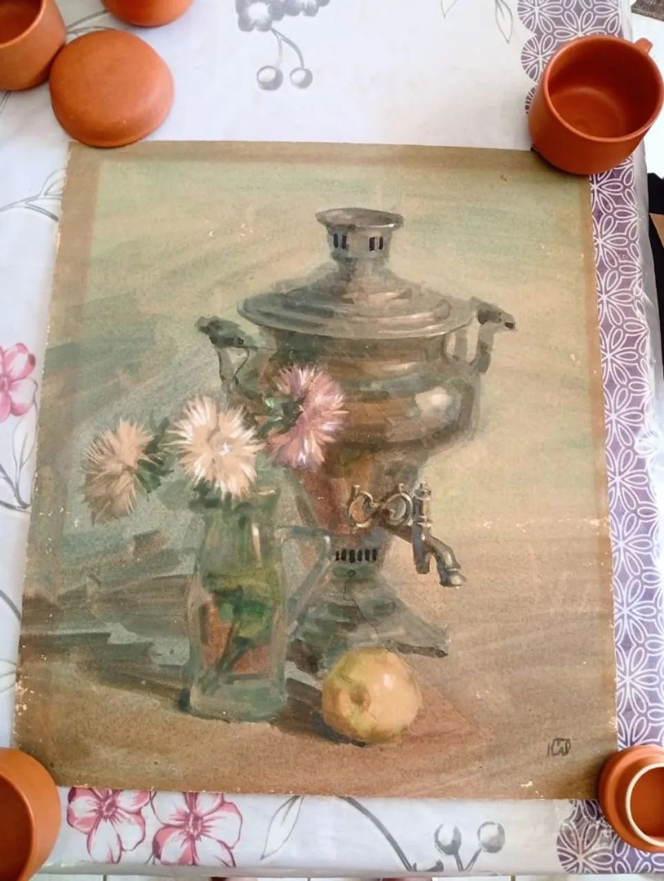 Aquarela russa assinada Yury Konyshev- samovar 1992