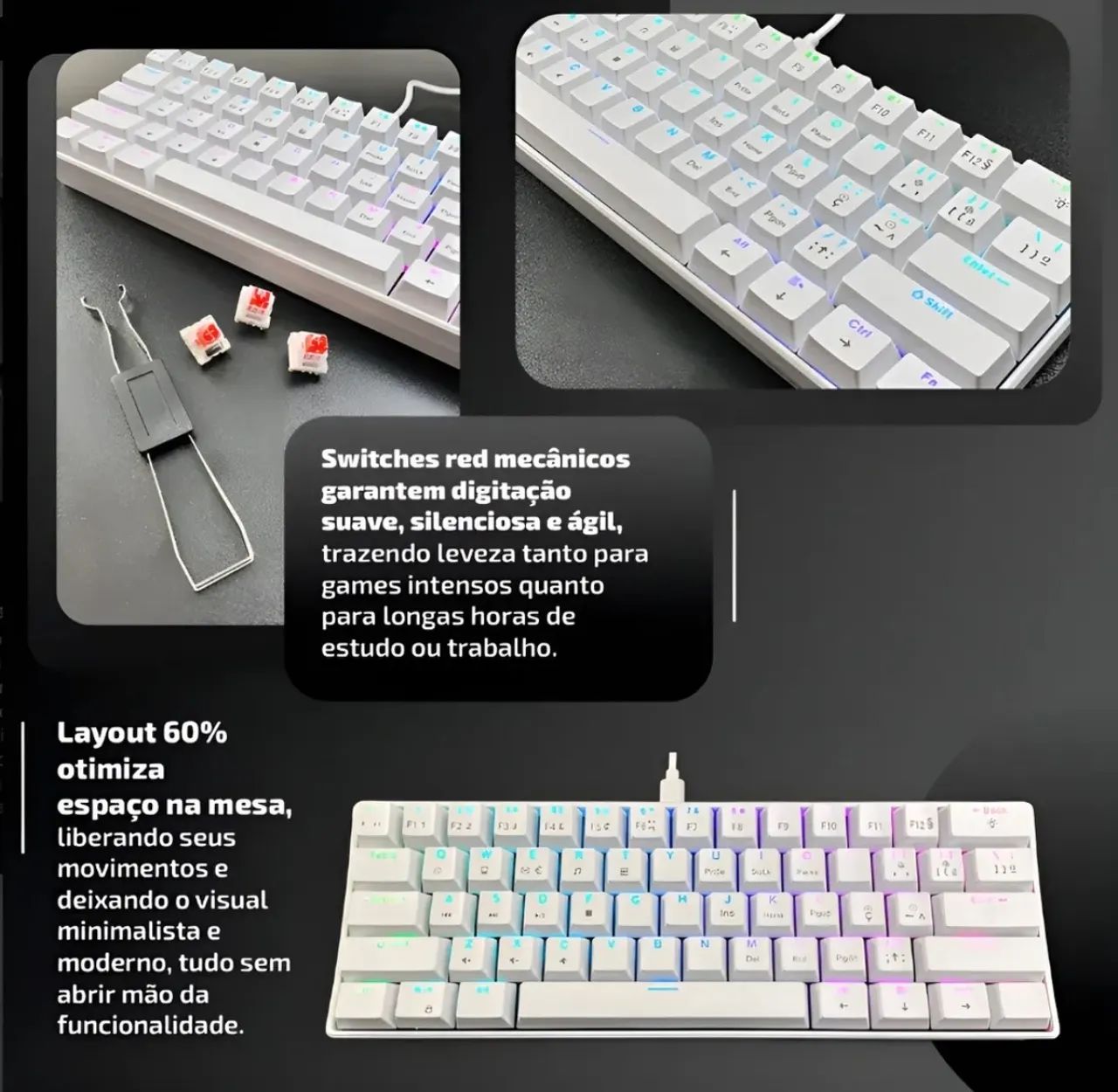 Teclado mecânico 60% Snow Walker Branco switches vermelhos branco português Brasil  - Foto 3