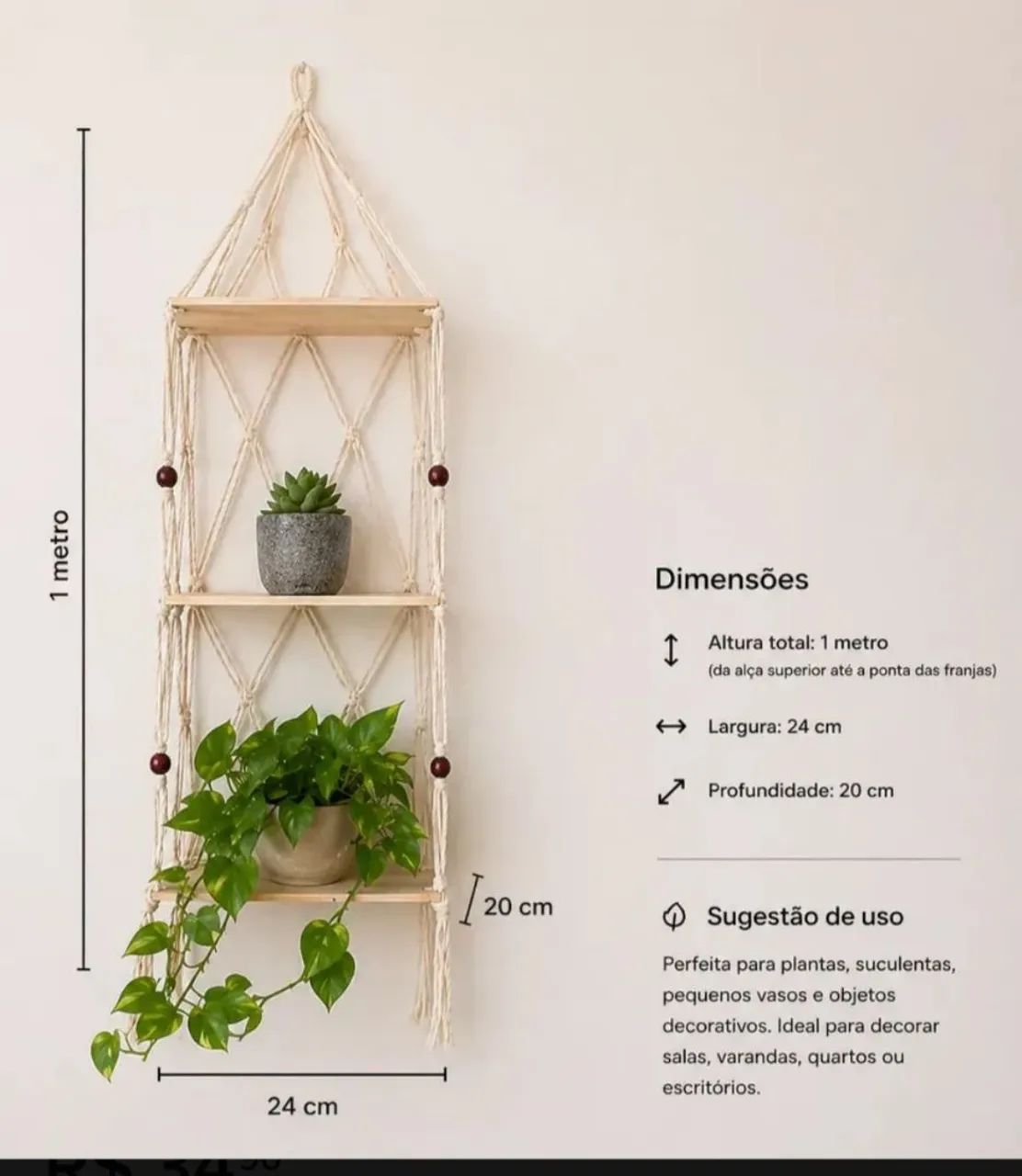 Prateleira suspensa Macramê  - Foto 3